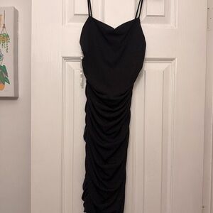 January 7 Black Sparkle Ruched Midi Slip Dress